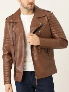 MENS MOTORCYCLE BROWN ASYMMETRIC BIKER LEATHER JACKET