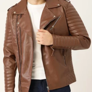 MENS MOTORCYCLE BROWN ASYMMETRIC BIKER LEATHER JACKET