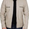 Men's Beige Snap Button Collar Leather Jacket