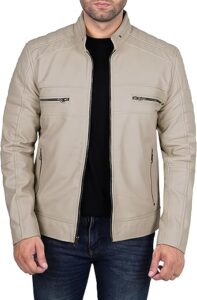 Men's Beige Snap Button Collar Leather Jacket