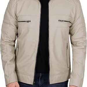 Men's Beige Snap Button Collar Leather Jacket